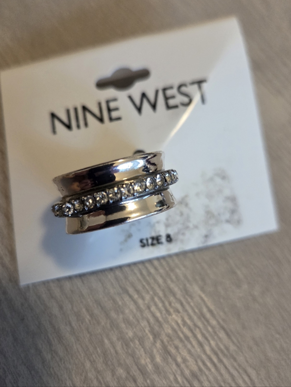 Nine West Silver Tone Band Ring with Clear Crystal Row